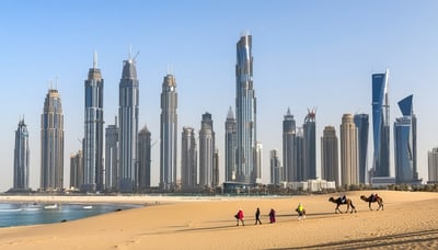 Dubai cityscape with famous landmarks and desert adventure